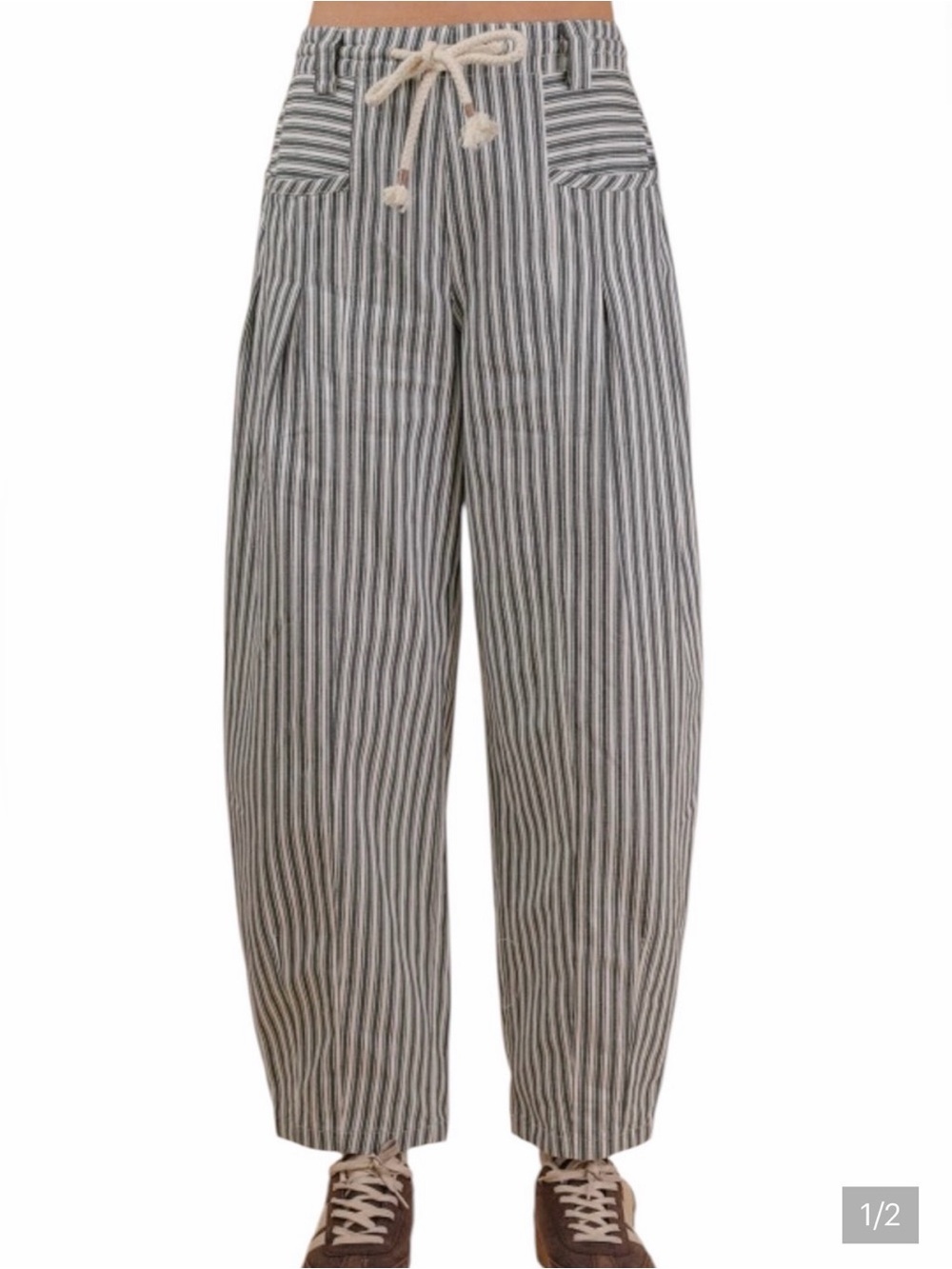 Women Large L Navy Cream White Stripe Wide-Leg Drawstring Barrel Denim Pants NEW
